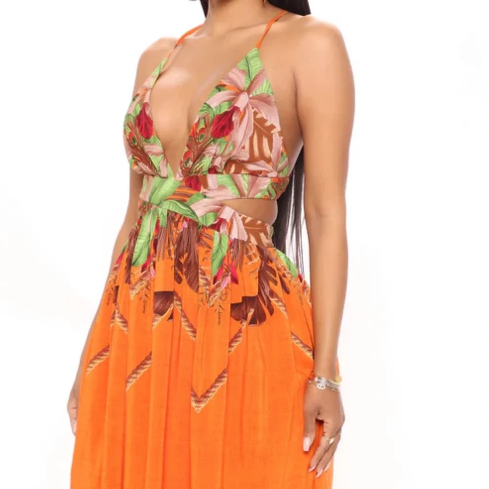 FASHION NOVA Lanai Sleeveless Maxi Dress Orange/combo Large Vacation Resort NEW
